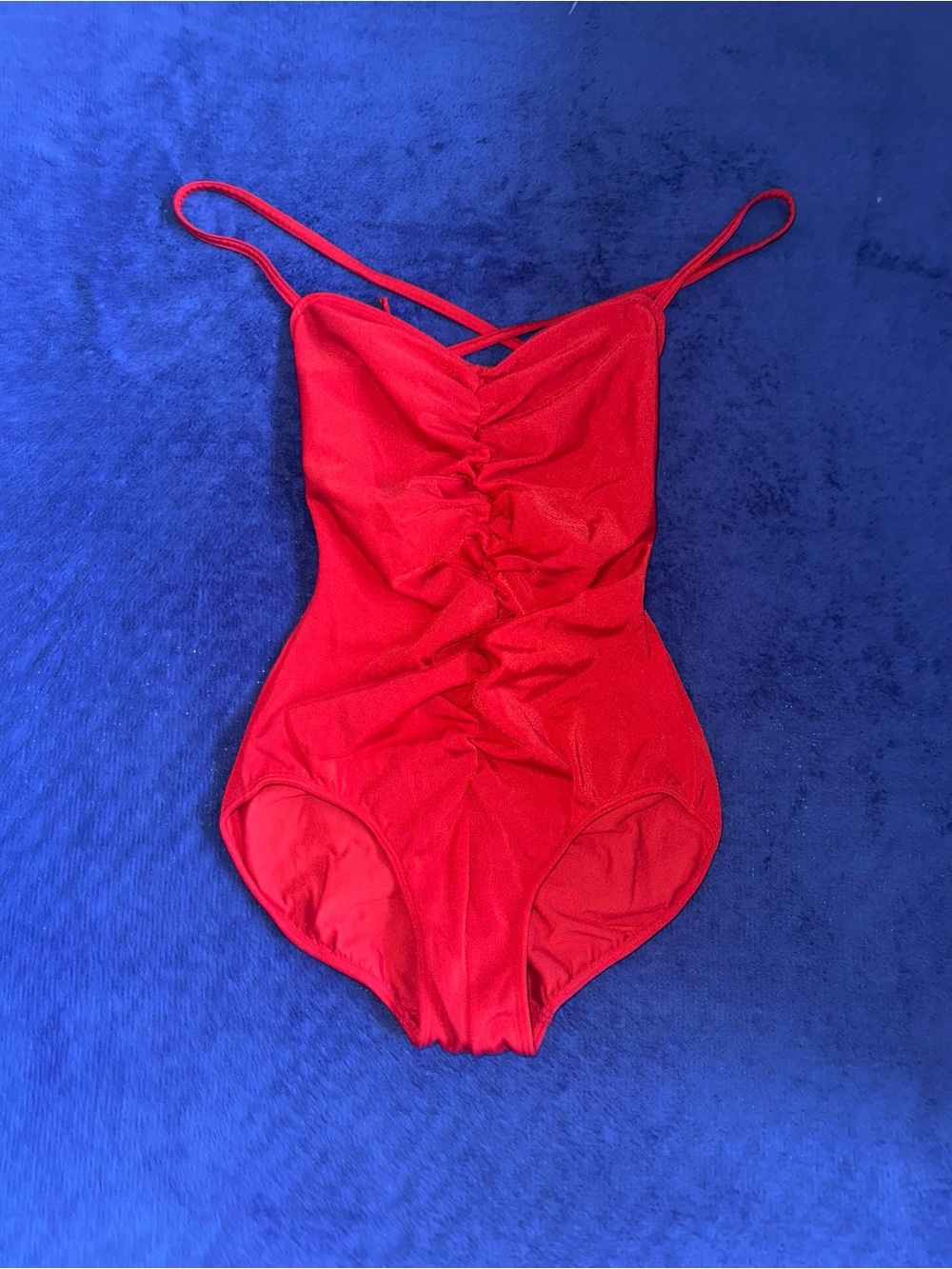 Vintage Danskin Red Ruched Leotard Bodysuit Size Medium M Low Back Cross